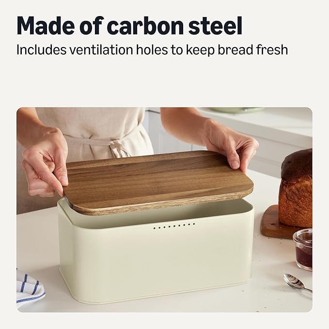 Amazon Basics Carbon Steel Bread Box with Acacia Wood Lid, Lid Doubles as Cutting Board, 11.9 x 7.1 x 5.2 in