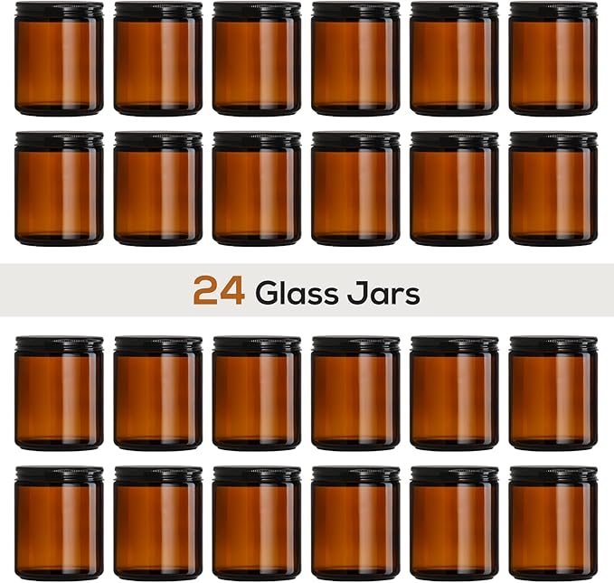 24 Pack, 8 OZ Thick Amber Candle Jars for Making Candle - Round Glass Jars with Lids - Empty Food Storage Containers, Canning/Mason Jar For Spice, Powder, Liquid, Sample - Leakproof & Food Grade