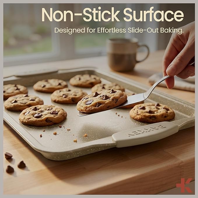 BAKKEN Kitchen Oven Baking Pans - Nonstick Gray Coating, Carbon Steel Bakeware Set with White Silicone Handles, Commercial Restaurant Quality Pans, PFOA, PFOS, PTFE Free, Oven Safe (450° F), Set of 10