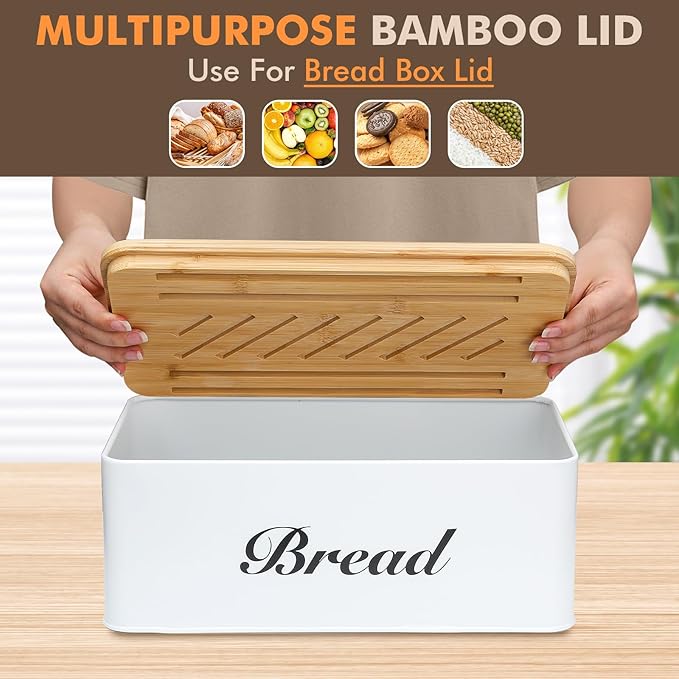 RYTOXILO Bread Slicer for Homemade Bread with Box, White Bread Storage for Kitchen Countertop with 3 in 1 Bamboo Lid, Bread Loaf Slicers Machine with Slicing Guide for Sandwich, Sourdough