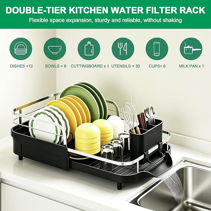 Dish Drying Rack for Kitchen Counter, Expandable Dish Drainer with Drainboard Set and Removable Utensil Holder, Space-Saving Countertop Organizer