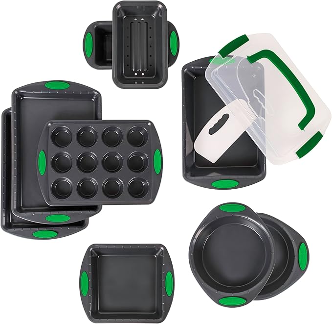 BergHOFF 11Pc Perfect Slice Bakeware Set, Covered Rectangle Cake Pan, Cookie Sheets, Muffin Pan, Loaf Pan, Round, Square and Rectangle Cake Pans, Slicer, Non Toxic, PFOA Free, Silver & Green