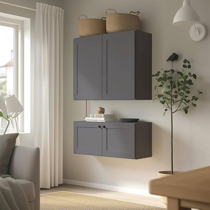 Wall-Mounted Cabinet – Solid Wood Shaker Style Medicine Cabinet with Adjustable Shelves & Soft-Close Doors for Bathroom, Kitchen, and Office Storage (Pebble Gray, 33" W x 12" D x 42" H)