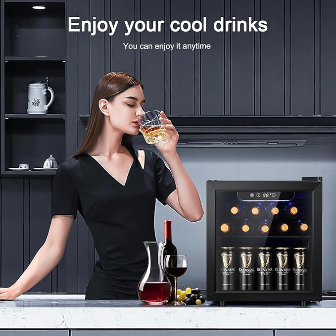 Antarctic Star 12 Bottle/48 Can Wine Cooler/Cabinet, Mini Drink Fridge, Clear Front Glass Door Counter Top Red Cellar Beer Soda Bar Quiet Compressor LED Display 1.3 cu.ft. Black