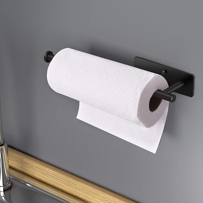 VAEHOLD Self Adhesive Paper Towel Holder Under Cabinet Mount, Wall Mount Paper Towel Roll Rack for Kitchen Cabinet, Bathroom, SUS304 Stainless Steel Black