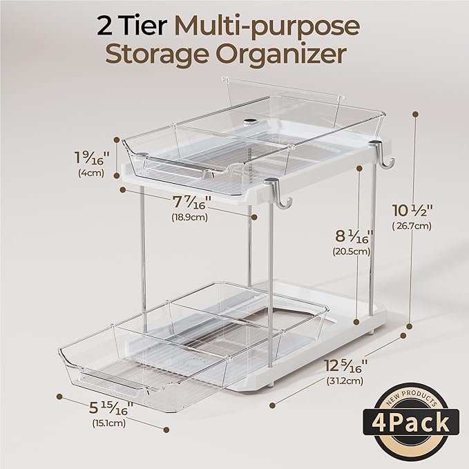 Delamu 2 Tier Bathroom Under Sink Organizers and Storage with Hook, Multi-Purpose Cabinet Drawers with Movable Dividers, Pull Out Organization for Countertop, Kitchen and Pantry(White, 4 Pack)