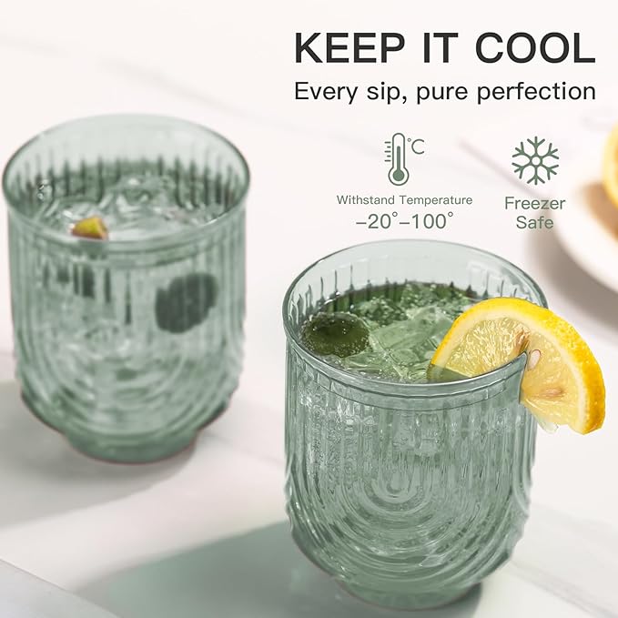 JOVGANK Green Vintage Glassware Set of 6-14Oz Green Water Drinking Glass, Art Deco Ripple Highball Glass, Whiskey Cocktail Glasses, for Bar Ice Coffee Juice, Housewarming Gifts and Mother's Day Gift