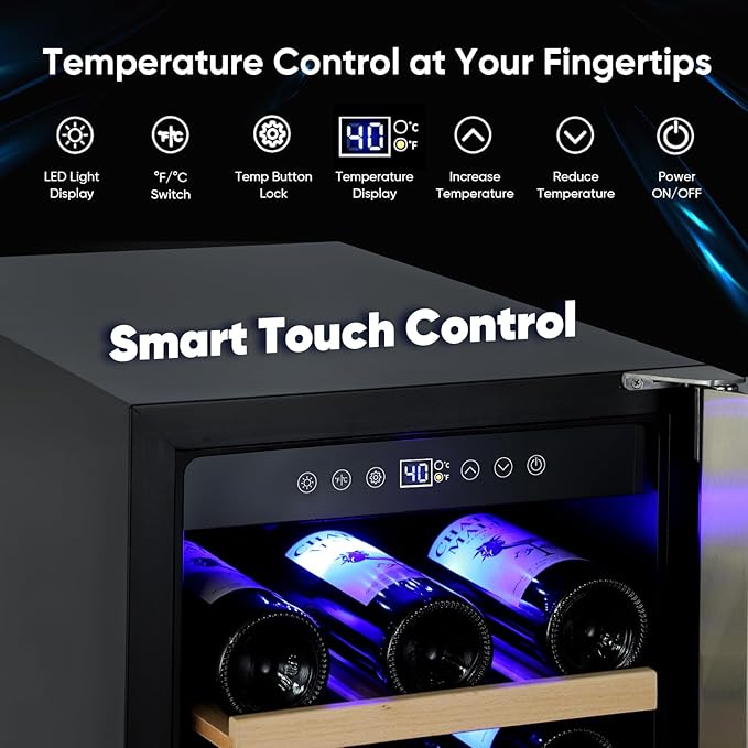 ORYMUSE 15 Inch Wine Cooler Under Counter, 30 Bottle Wine Fridge with Stainless Steel Glass Door, Built-In or Freestanding Wine Cellar with Removable Shelves and Digital Temperature Control