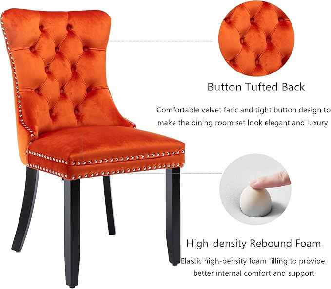 Velvet Dining Chairs Set of 2, Upholstered Dining Room Chairs with Back Ring Pull Trim and Solid Wood Legs,Tufted Wingback Kitchen Chair Perfect for Dining Room,Living Room,Kitchen(Orange)