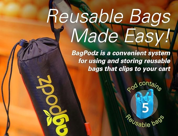 Sturdy Reusable Grocery Bags Foldable and Washable - Made From RipStop Nylon Hold 50lbs - Designed in USA Reusable Shopping Bags Inside a Compact Pod with Carry Clip - 5 Pack in Blue