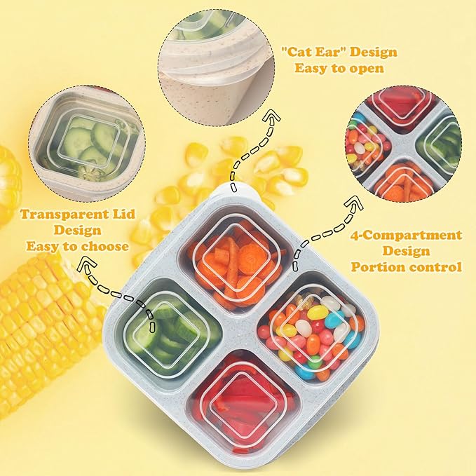4 Pack Meal Prep Containers, 4 Compartment Bento Snack Boxes, Reusable Divided Lunch Box Containers for Adults, Kids, Toddlers, Travel, Work, School
