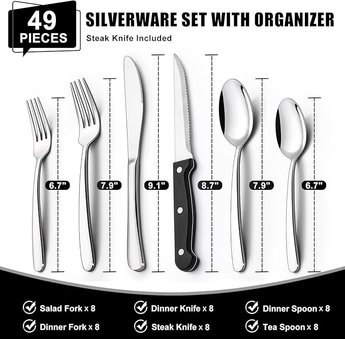 49-Piece Silverware Set with Organizer, Heavy Duty Stainless Steel Flatware Set for 8, Cutlery Utensil Sets with Steak Knives, Rust-proof, Mirror Polished, Dishwasher Safe, Heavy Duty