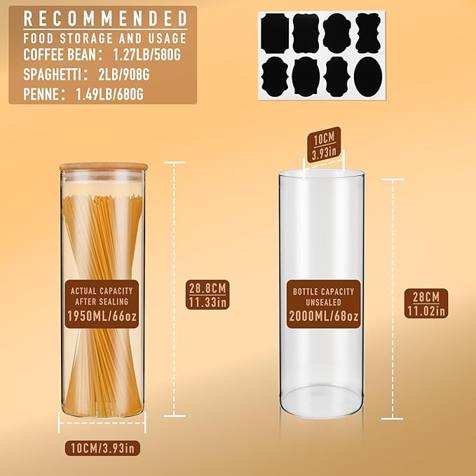 D2scrma 70oz Straight cylindrical Airtight Storage Jars with Bamboo Lid Set of 3 Storage Container Glass Jars, Kitchen Canister for Noodles, Pasta and Coffee beans (‎with Black Lable)
