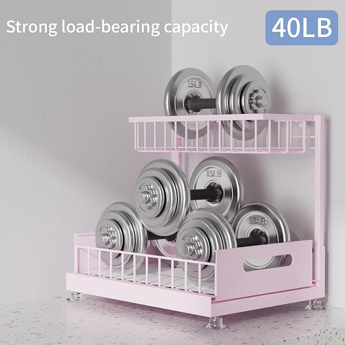 Saydear Under Sink Organizer Storage 2-Tier Premium Metal Pull-Out Kitchen Cabinet Organizer with Sliding Drawer, Height Adjustable, Heavy Duty for Kitchen & Bathroom Organizers 1 Pack Pink