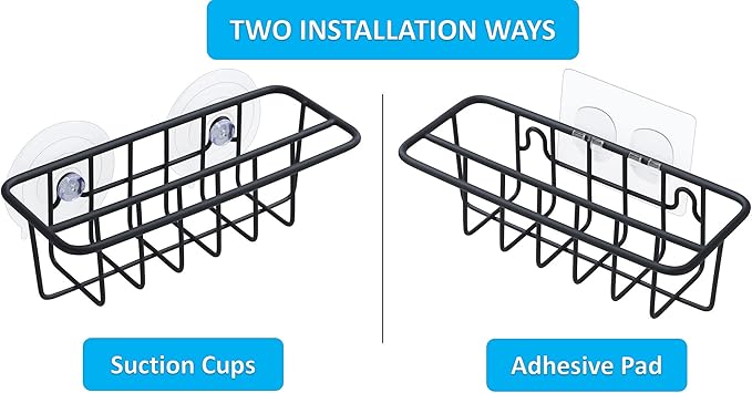 TESOT Sink Caddy Sponge Holder for Kitchen Sink Dish Cloth Hanger 2 Suspension Options(Suction Cups and Adhesive Hook), SUS304 Stainless Steel, Black