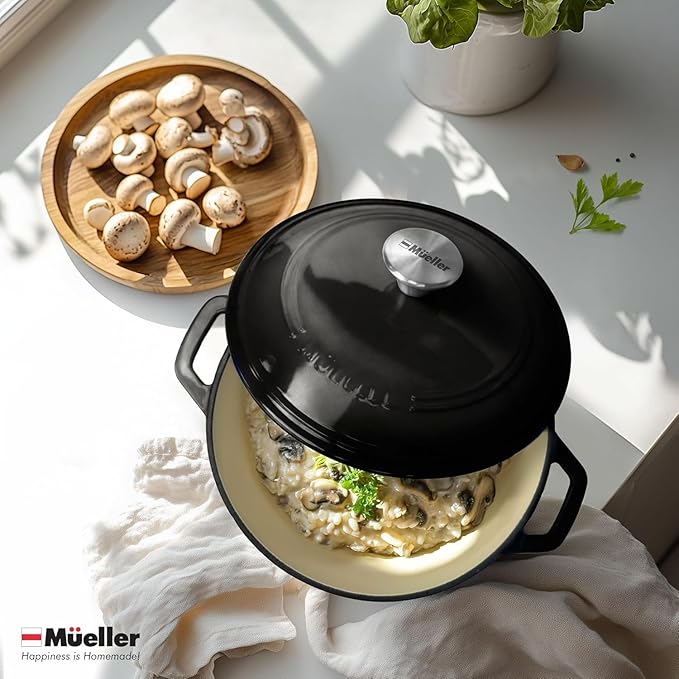 MUELLER HOME 7.5 QT Enameled Cast Iron Dutch Oven, Heavy-Duty, Oven-Safe up to 500° F & Across All Cooktops, Casserole Dish and Braiser Pan with Lid and Stainless Knob, Black