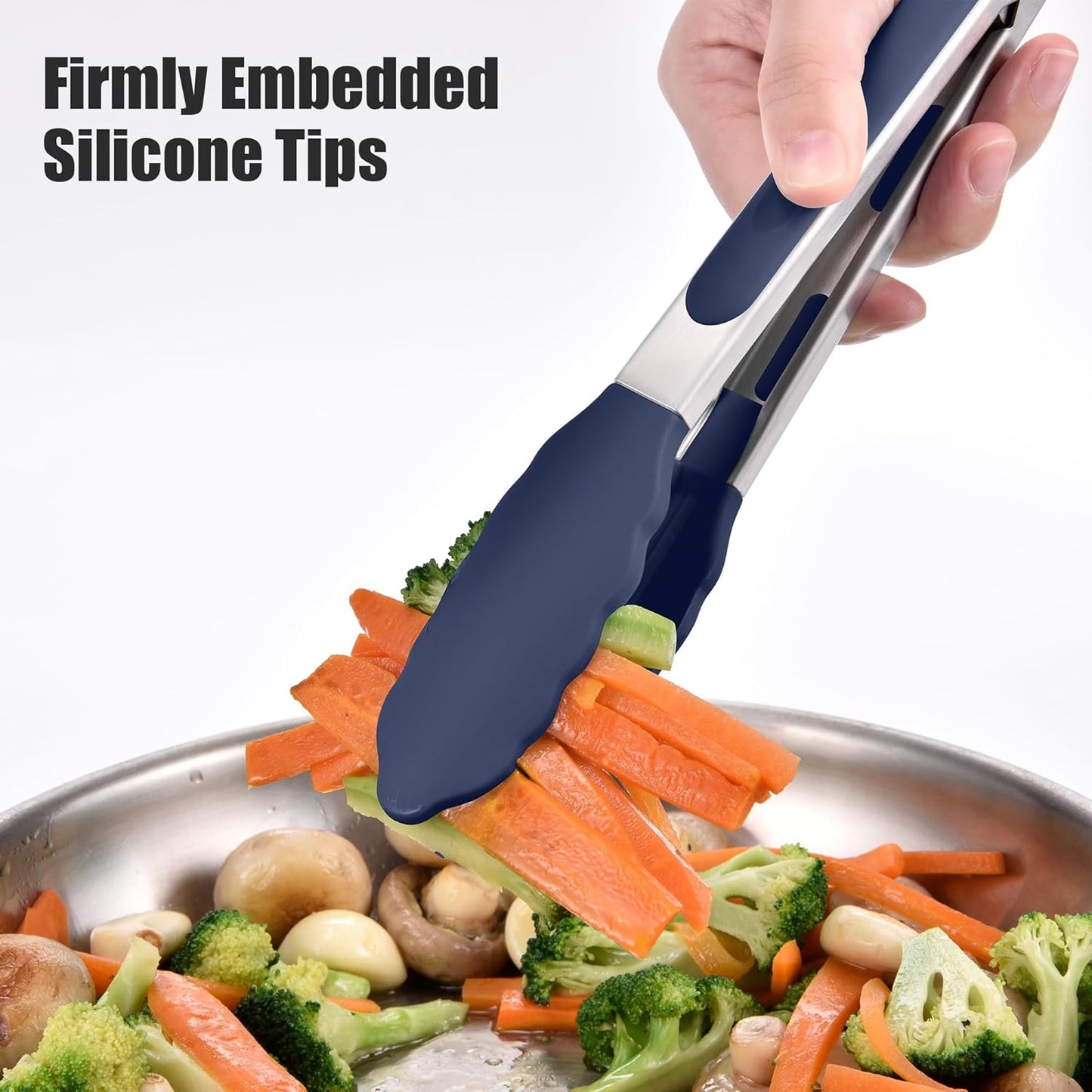 Doosu Kitchen Tongs for Cooking - 600°F Heat Resistant Food Tong with Non-Scratch Silicone Tips, Heavy Duty Stainless Steel Locking Tong for BBQ, Grilling Steak, Serving Salad Pasta (9in, Navy Blue)