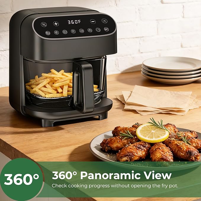 5 Quart Glass Air Fryer, Non Toxic & Uncoated High Borosilicate Glass Basket, Airfryer with Transparent Fry Bowl, 8 Preset Modes, PTFE/PFAS Free, BPA-Free, Dishwasher Safe, Black