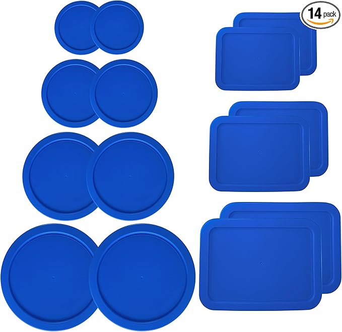 1, 2, 4 & 7 Cup Blue Round & 3, 6, 11 Cup Blue Rectangle Replacement Lids/Covers for Pyrex, Anchor Hocking & KlareWare Storage Bowls *Lids Only -Glass Container Not Included*, 14 Pack *2 of Each Size*