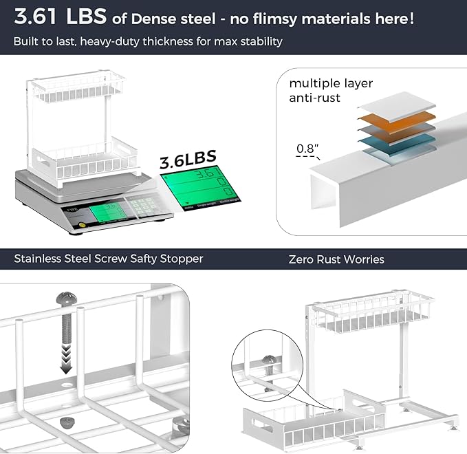 L-Shaped Under Sink Organizer, 2-Tier Pull Out Metal Kitchen Cabinet Organizer with Sliding Storage Drawer, Height Adjustable Heavy Duty Under Bathroom Sink Storage for Cleaning Supplies 1 Pack
