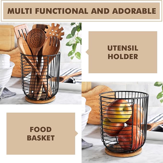 MosJos Coffee Pod Holder -Black Wire K Cup Storage with Wooden Base - Large Capacity Slim Design - Modern Coffee Basket Decor for Kitchen Countertop for Keurig Kcups & Espresso Capsules