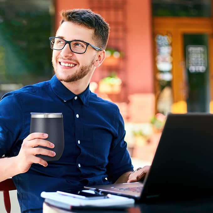 COMOOO 12oz Stainless Steel Wine Tumbler with Lid and Straw, Double Wall Vacuum Insulated Wine Tumbler Cup for Hot and Cold Drinks, Wine, Coffee, Champaign, Black, 4 Pack