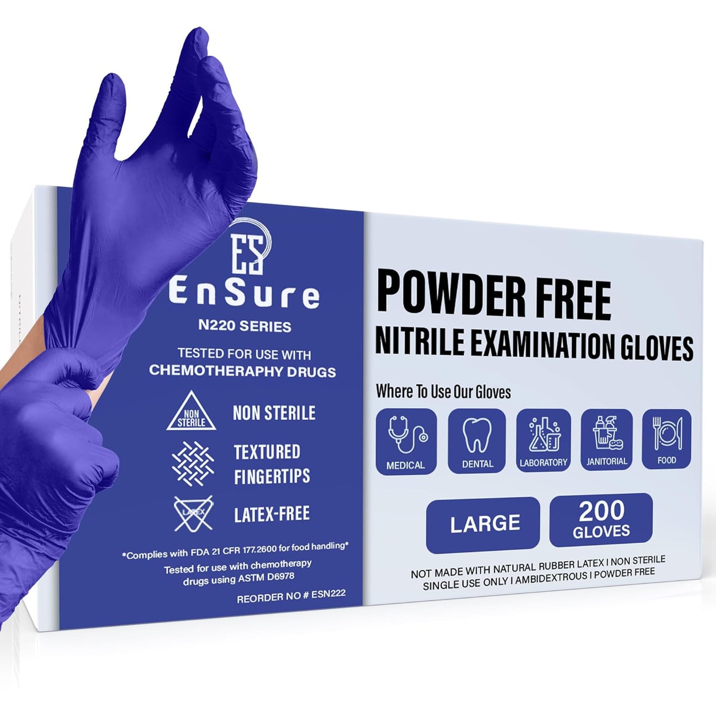 EnSure Nitrile Exam Gloves, Powder-Free, Latex-Free, Chemo Rated, Non-Sterile, Light Duty, Textured Tips, Medical, Surgical, Food Safe, Cleaning, Dental, Lab Use - 3 Mil (Large, 200 Count)