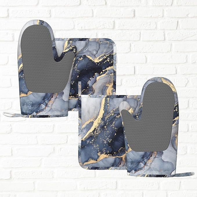 Blue Gold Marble Oven Mitts and Pot Holders Sets of 4, Heat Resistant Silicone Oven Mittens and Potholders Gloves Hot Pads for Kitchen Cooking Baking Grilling BBQ Chef