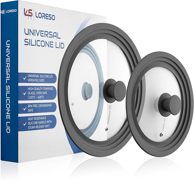 LSR Loreso Universal Pan Lid for Pots Pans and Skillets 7.5-11.5 Inch - Tempered Glass Pot Lid Set with Auto-Sizing Silicone Rim, 2 Pack Grey