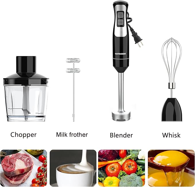 Immersion Blender Handheld, Hand Blender with 500ml Food Chopper, 600ml Container, Milk Frother, Egg Whisk, Puree Infant Food, Smoothies, Sauces and Soups – Black