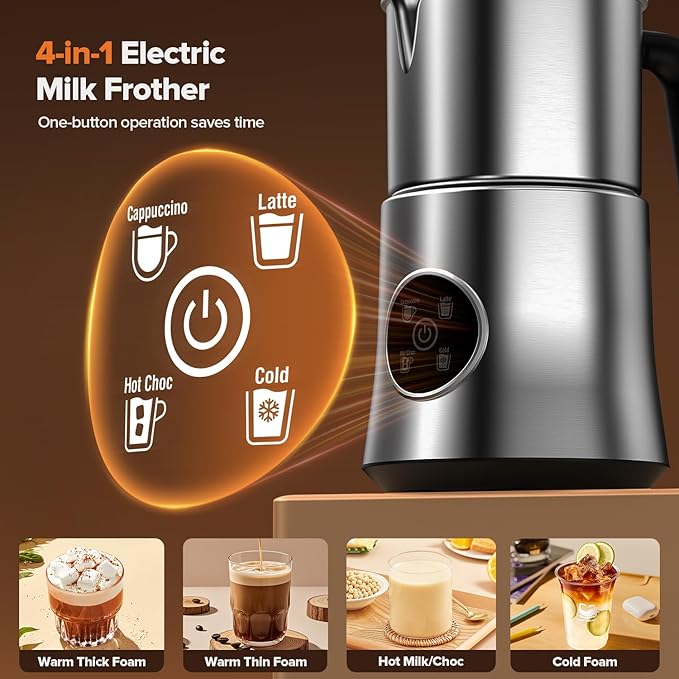 Milk Frother and Steamer, Large Capacity & Detachable Electric Milk Frother, Automatic Warm and Cold Foam Maker, Hot Chocolate Maker, Stainless Steel Jug, 30.44Oz./900ML