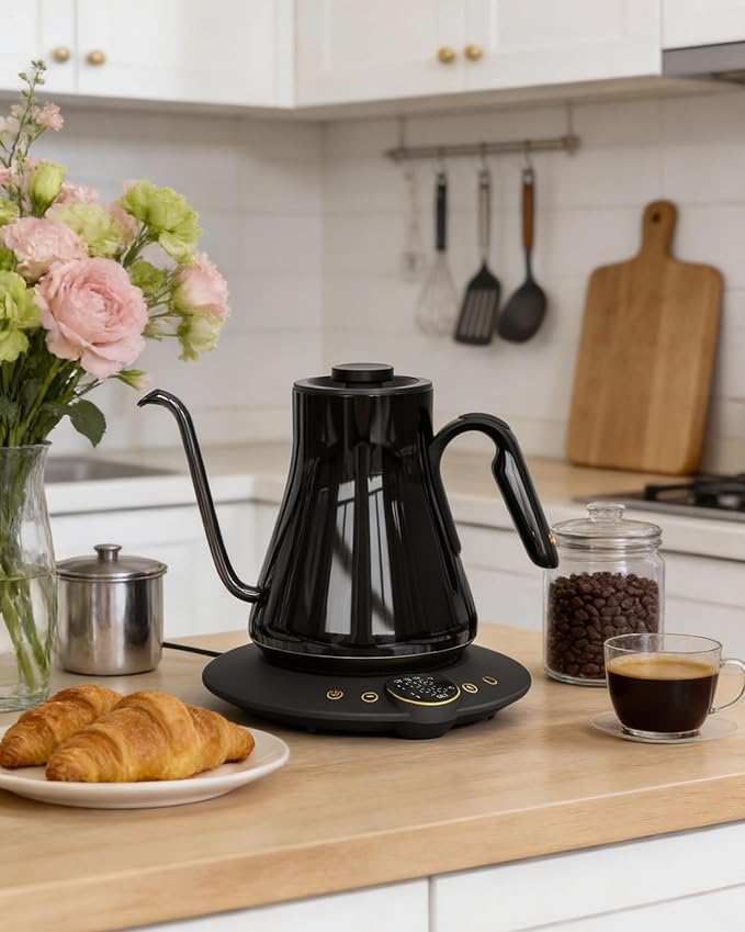 Cocinare Barista Collection Gooseneck Electric Kettle, ±1℉ Precise Temperature Control for Pour-Over Coffee & Tea, Quick Heating 1500W, Stainless Steel Interior, 0.9L (Soulages Black)
