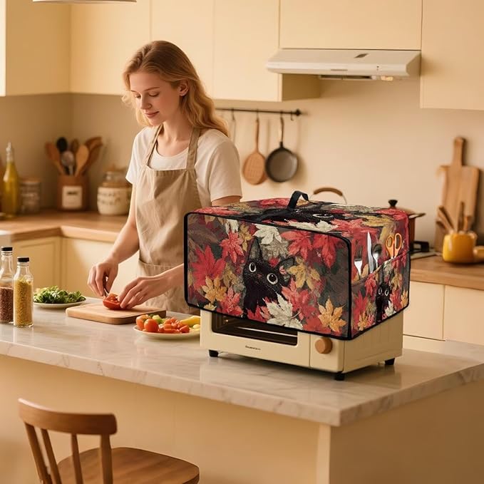 Air Fryer Toaster Oven Dust Cover Dust Protection Countertop Convection Oven Cover Stain-resistant Kitchen Appliance Protector, L, Black Cat Maple Leaf Fall Decor