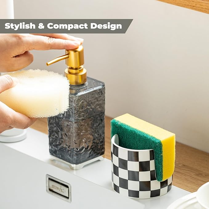 Checkered Kitchen Sink Sponge Holder, Dish Sponge Rack Ceramic Brush Holder Farmhouse Kitchen Drying Rack for Brush, Scrubbers, Bathroom, Sink, Black and White