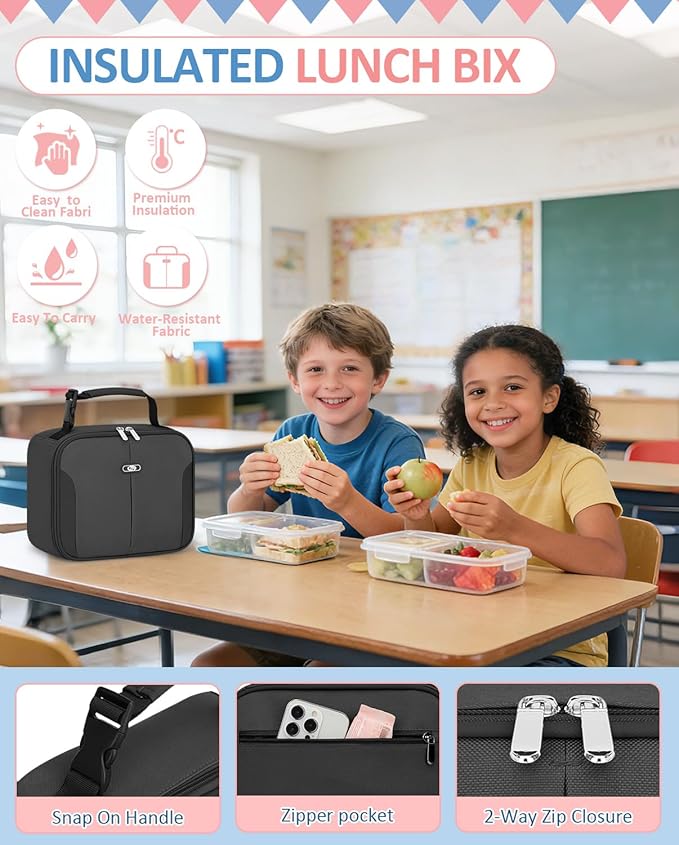 Capolo Insulated Lunch Box for Kids, Cute Thermal Lunch Bag for School, Reusable Lunch Tote for Boys and Girls, Durable Cooler Bag with Easy Grab Handle, Lightweight and Easy to Clean Meal Bag, grey