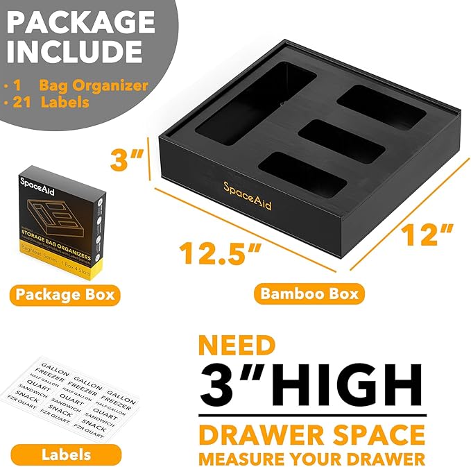 SpaceAid Bag Storage Organizer for Kitchen Drawer, Bamboo Organizer, Compatible with Gallon, Quart, Sandwich and Snack Variety Size Bag (1 Box 4 Slots), Black