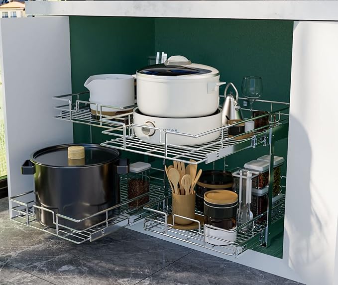 LOVMOR 2 Tier Individual Pull Out Cabinet Organizer 14½" W x 21½" D, Slide Out Kitchen Cabinet Storage Sliding Shelves