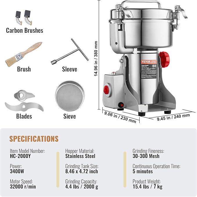 VEVOR 2000g Electric Grain Mill Grinder, High Speed 3400W Commercial Spice Grinders, Stainless Steel Pulverizer Powder Machine, for Dry Grains Spices Cereals Coffee Corn Pepper, Swing Type