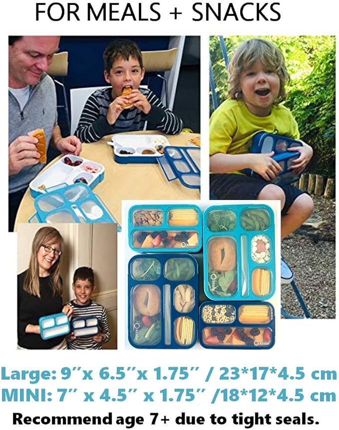 Bento Lunch Box and Snack Container Value Set| Meal Planning Portion Containers for Kids or Adults, School or Work | BPA Free | Microwave Safe | Utensils | 4 Pack, Large and Mini, Blue + Navy