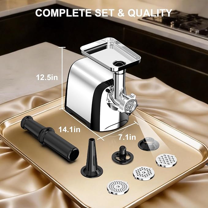 Electric Meat Grinder, 2600W Max 3-IN-1 Heavy Duty Sausage Stuffer with Sausage tube & Kubbe Kit, 3 Grinding Plates 2 Blades for Home Kitchen & Small Commercial Use, Stainless Steel