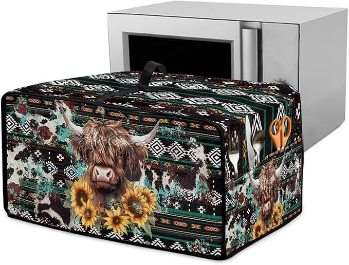 Toaster Oven Dust Cover Washable Fabric Convection Oven Cover Protector Compatible with Various Small Kitchen Appliances, S, Aztec Highland Cow Sunflower