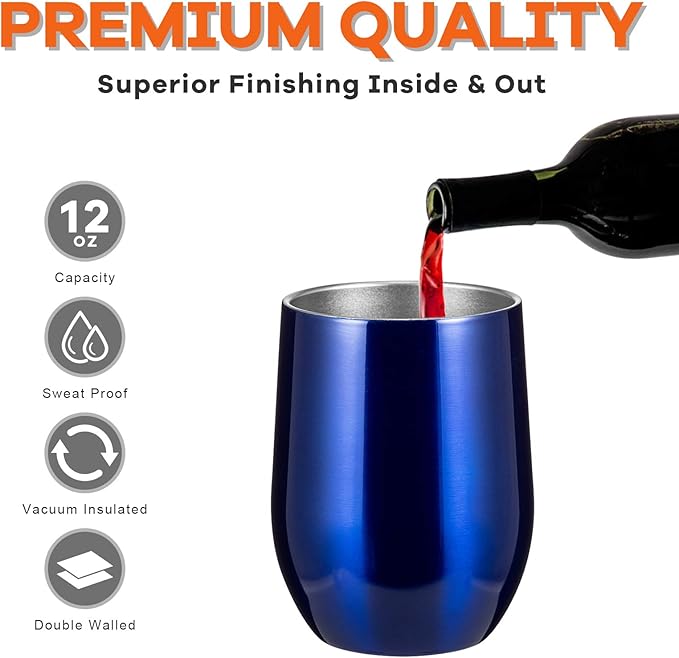 COMOOO 12oz Stainless Steel Wine Tumbler with Lid and Straw, Double Wall Vacuum Insulated Travel Tumbler Cup Stemless for Hot and Cold Drinks Coffee, Wine, Cocktails, Royal blue, 16 Pack