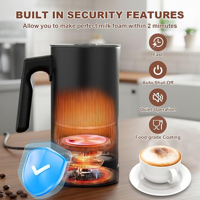 Electric Milk Frother Automatic Hot & Cold Foam Maker Auto Shut-Off Durable Stainless Steel Milk Frother with 4 Functions Enjoy Perfect Milk Froth in 2 Min for Coffee, Latte, Macchiato (Black)