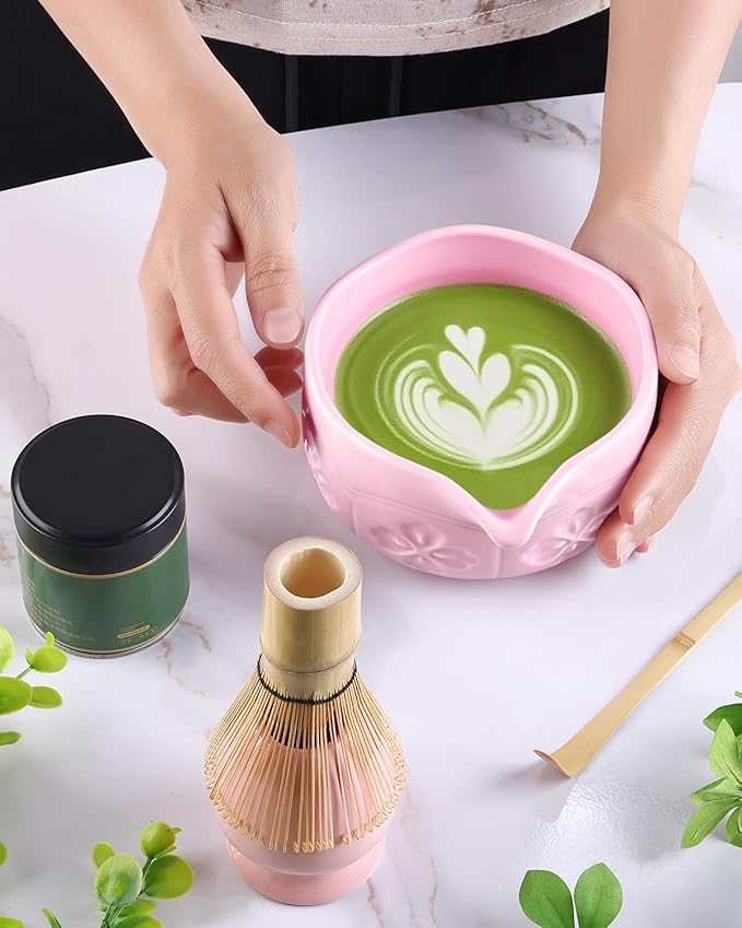 Matcha Whisk Set, Ceramic Matcha Set Includes Matcha Bowl with Spout, Matcha Whisk and Holder (Pink, 3Pcs/set)