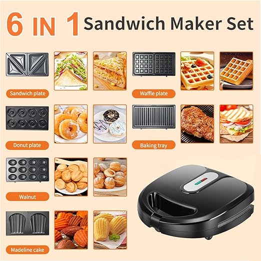 Waffle Maker 6 in 1, Walnut Cookie Maker, Panini Press Grill and Sandwich Maker, Donut Maker with Removable Non-Stick Plate