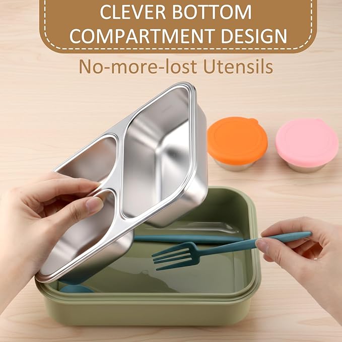 3 Pack Stainless Steel Lunch Boxes 25 oz 3 Compartment Metal Bento Box with 3 Pcs Condiment Containers and Leakproof Lids for Office Outdoor and Gym, Dishwasher Safe