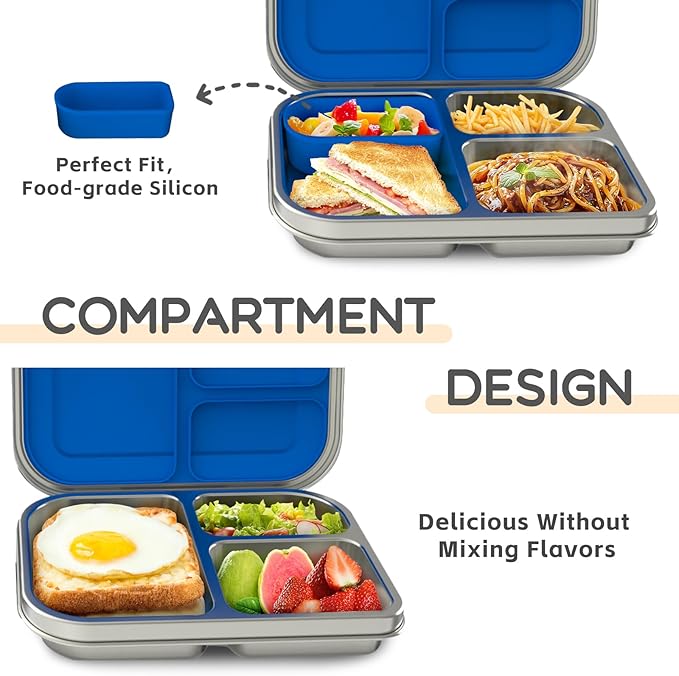 BOSEDSANG Stainless Steel Kids Leak-Resistant Bento Lunch Box, 3-Compartments with Silicone Container, Dishwasher-Safe, Child-Friendly Design for School, Picnics & Travel,BPA-Free (Blue)