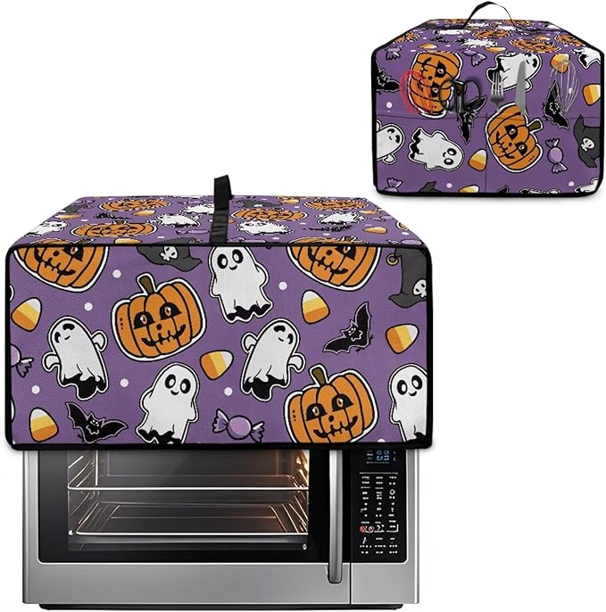 Air Fryer Toaster Oven Cover with Side Pockets, Protective Electrical Appliance Cover Kitchen Countertop Accessories, L, Ghost Pumpkin Bat Candy Violet Halloween Decor