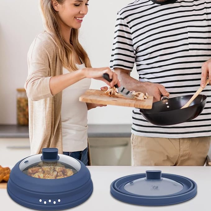 Microwave Splatter Cover Glass Guard Lid with Collapsible Silicone for Food Pot Plate Cover 9.8 inch Dark Blue
