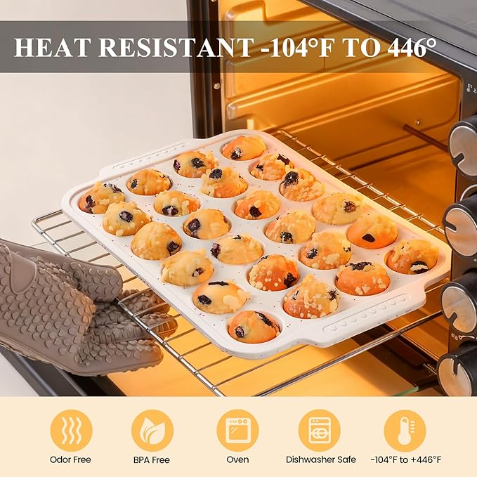 Vinino Silicone Mini Muffin Pan for Baking, 24 Cups Mini Cupcake Pan with Reinforced Frame, Nonstick Muffin Tray with Non-Slip Handle, Silicone Molds for Oven, BPA Free, Dishwasher Safe